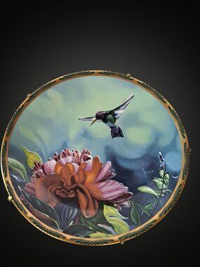 Gems of Nature White-Eared Hummingbird and Peonies Cyndi Nelson Plate 7377A